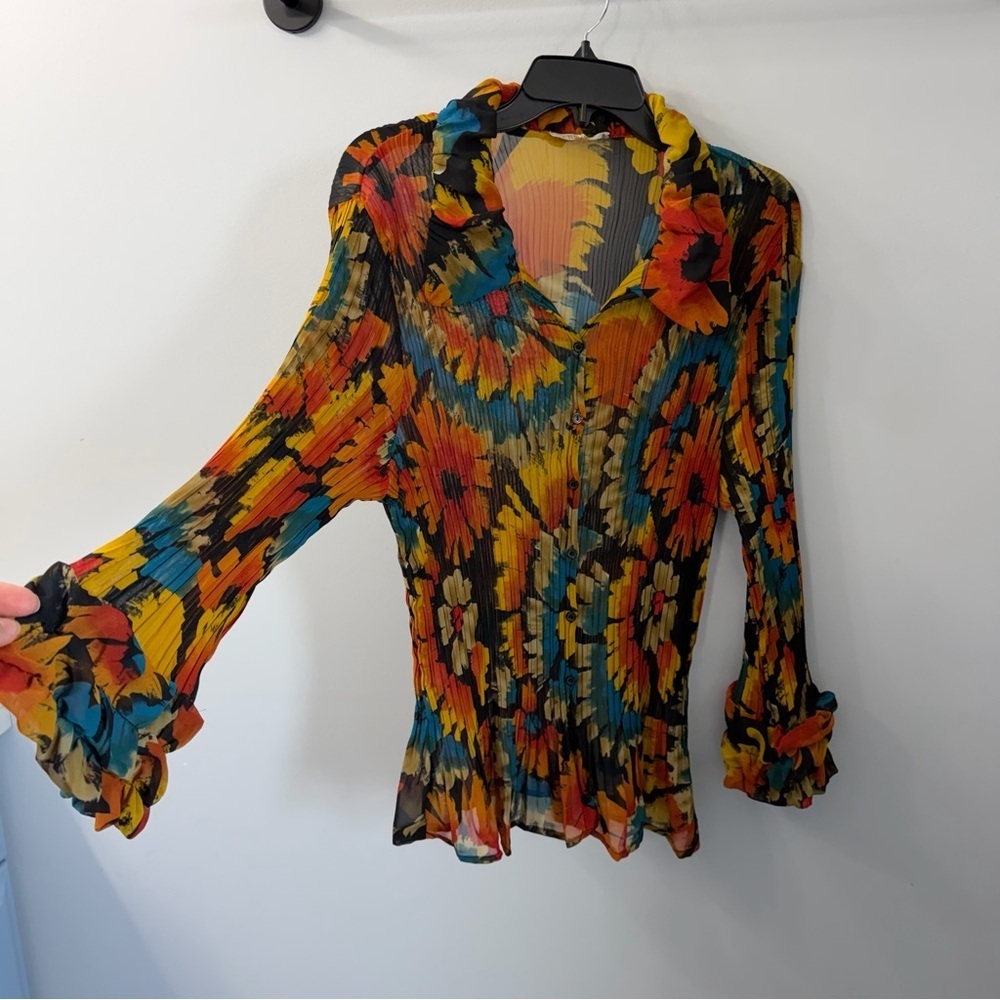 Cathaya Collection Long Bell Sleeve Button Up Pleated Floral Sheer Top 2X